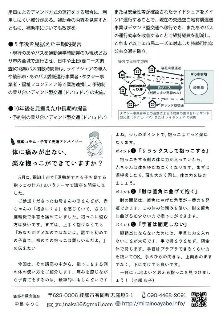 ●５年後を見据えた中期的提言
・現行のあやバスを通勤通学時間帯のみ現状どおり市内全域で運行させ、日中や土日(要ニーズ調査)の路線バス閑散時間帯は、ライドシェアの導入や綾部市・あやバス委託運行事業者・タクシー事業者・福祉フロンティア等で業務連携し、予約制の乗り合いデマンド型交通（ドア to ドア）の実施。

●10年後を見据えた中長期的提言
・予約制の乗り合いデマンド型交通（ドア to ドア）または安全性等が確認されたライドシェアをメインに運行することで、現在の交通空白地有償運送事業はデマンド型交通へ移行でき、またあやバスの運行効率を改善することで維持経費を削減し、これまで以上に市民ニーズに対応した持続可能な公共交通を確立。


連載コラム・子育て発達アドバイザー
体に痛みが出ない、楽な抱っこができていますか？

　５月に、福知山市で『運動ができる子を育てる抱っこの仕方』というテーマで講座を開催しました。
　ご参加くださったお母さんのほとんどが、赤ちゃんの「抱きにくさ」を感じていて、さらに腱鞘炎で手首を痛めていました。抱っこに悩む方は多いです。まずは、上手く抱けなくても「あなたがダメなのではないよ。誰でも初めての子育て、初めての抱っこは難しいんだよ。」と伝えたい＾＾
　今回は、その講座の中から、抱っこをする側の体の使い方をご紹介します。痛みを感じながら子育てをするのは、精神的にもしんどいですよね。少しのポイントで、抱っこはぐっと楽になります。

ポイント❶『リラックスして抱っこする』
　抱っこをする側の体に力が入っていたら、赤ちゃんは体をゆだねにくくなります。まずは深呼吸したり、肩を大きく回し、体の力を抜きましょう。

ポイント❷『肘は直角に曲げて抱く』
　肘の関節は、直角に曲げた角度が一番力を発揮できます。この体の仕組みを使い、肘を直角に曲げると少ない力で抱っこができます。

ポイント❸『手首は固定しない』
　腱鞘炎にならないためには、手首に力を入れないことが大切です。手で持とうとせず、腕全体で持ちます。手首はプラプラできるくらい力を抜いてOK。手のひらの向きは、上向きのままでなく、下に向けても良いです。

　一緒に 心地よいと思える抱っこを見つけましょう！（池部 典子）
