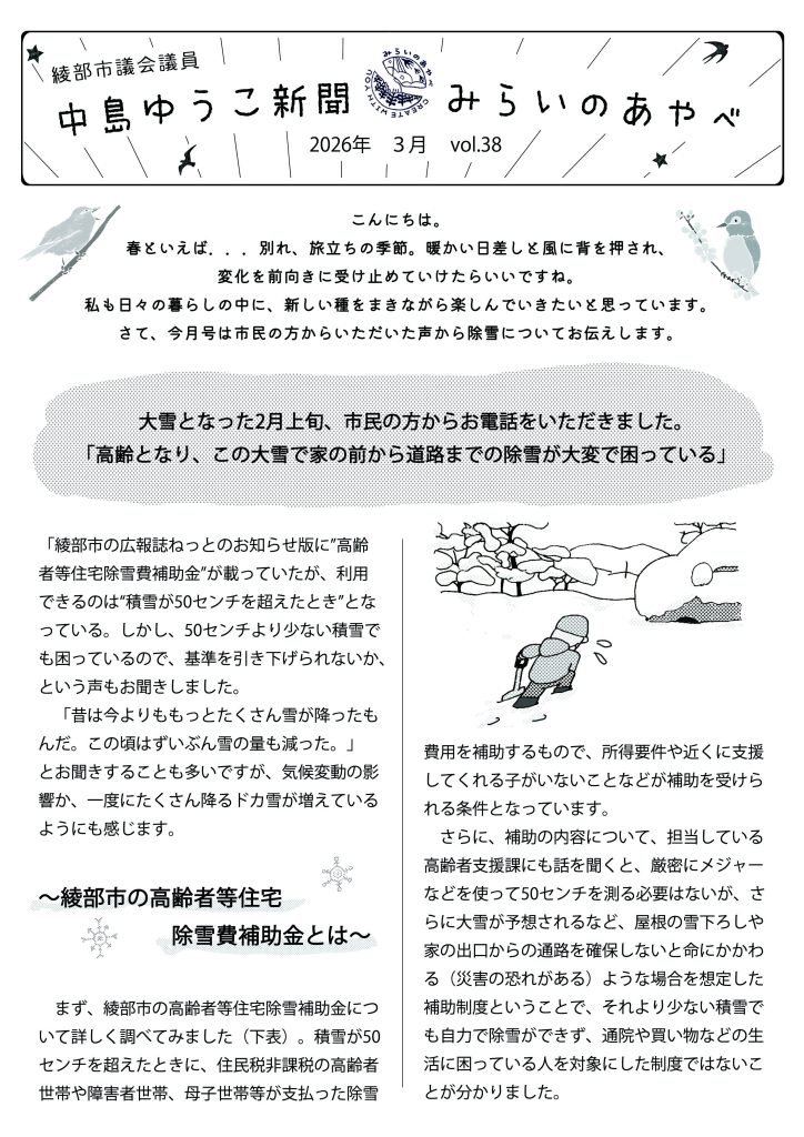 中島ゆうこ新聞
2026年3月号　vol.38

こんにちは。春といえば．．．別れ、旅立ちの季節。暖かい日差しと風に背を押され、変化を前向きに受け止めていけたらいいですね。私も日々の暮らしの中に、新しい種をまきながら楽しんでいきたいと思っています。さて、今月号は市民の方からいただいた声から除雪についてお伝えします。

　大雪となった2月上旬、市民の方からお電話をいただきました。「高齢となり、この大雪で家の前から道路までの除雪が大変で困っている」
　綾部市の広報誌ねっとのお知らせ版に「高齢者等住宅除雪費補助金」が載っていたが、利用できるのは“積雪が50センチを超えたとき”となっている。しかし、50センチより少ない積雪でも困っているので、基準を引き下げられないか、という声もお聞きしました。
　「昔は今よりももっとたくさん雪が降ったもんだ。この頃はずいぶん雪の量も減った。」とお聞きすることも多いですが、気候変動の影響か、一度にたくさん降るドカ雪が増えているようにも感じます。

～綾部市の高齢者等住宅除雪費補助金とは～
まず。綾部市の高齢者等住宅除雪補助金について詳しく調べてみました（下表）。積雪が50センチを超えたときに、住民税非課税の高齢者世帯や障害者世帯、母子世帯等が支払った除雪費用を補助するもので、所得要件や近くに支援してくれる子がいないことなどが補助を受けられる条件となっています。
さらに、補助の内容について、担当している高齢者支援課にも話を聞きくと、厳密にメジャーなどを使って50センチを測る必要はないが、さらに大雪が予想されるなど、屋根の雪下ろしや家の出口からの通路を確保しないと命にかかわる（災害の恐れがある）ような場合を想定した補助制度ということで、それより少ない積雪でも自力で除雪ができず、通院や買い物などの生活に困っている人を対象にした制度ではないことが分かりました。