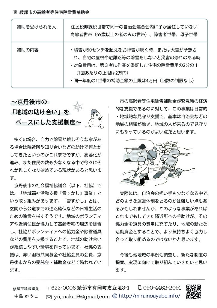 表. 綾部市の高齢者等住宅除雪費補助金
補助を受けられる人
住民税非課税世帯で同一の自治会連合会内に子が居住していない高齢者世帯（65歳以上の者のみの世帯）、障害者世帯、母子世帯
補助の内容
・積雪が50センチを超えなお降雪が続く時、または大雪が予想され、自宅の屋根や避難路等の除雪をしないと災害の恐れのある時
・対象費用は、第３者に作業を委託した住宅の除雪費用の2分の１（1回あたりの上限は2万円）
・同一年度の1世帯の補助金額の上限は4万円（回数の制限なし）

～京丹後市の「地域の助け合い」をベースにした支援制度～
　多くの場合、自力で除雪が難しそうな家がある場合は隣近所や知り合いなどの助けで何とかしてきたというのがこれまでですが、高齢化が進み、また住民の数も少なくなる中で徐々にそれが難しくなり始めている現状があると思います。
　京丹後市の社会福祉協議会（以下、社協）では、「地域福祉活動支援『雪すかし』事業」という取り組みがあります。「雪すかし」とは、玄関から公道までの通路確保などの日常生活のための除雪を指すそうです。地域のボランティアや近隣住民が協力して高齢者宅の周辺を除雪し、社協がボランティアへの協力金や除雪道具などの費用を支援することで、地域の助け合いが継続しやすい環境を作っています。社協の支援は、赤い羽根共同募金や社協会員の会費、京丹後市からの受託金・補助金などで賄われています。
市の高齢者等住宅除雪補助金が緊急時の経済的な支援であるのに対して、この事業は日常的・地域的な見守り支援で、基本は自治会などの地域の組織が動き、地域の人が来るので見守りにもなっているのがよい点だと思います。
実際には、自治会の担い手も少なくなる中で、どのような運営体制をとるのかは難しい点もあるかもしれませんが、このような事業があれば、これまでもしてきた隣近所への手助けが、その協力金を道具の費用に充てたり、地域の新たな活動資金とすることで、より気持ちよく協力し合って取り組めるのではないかと思います。今後も他地域の事例も調査し、新たな制度の提案、実現に向けて取り組んでいきたいと思います。